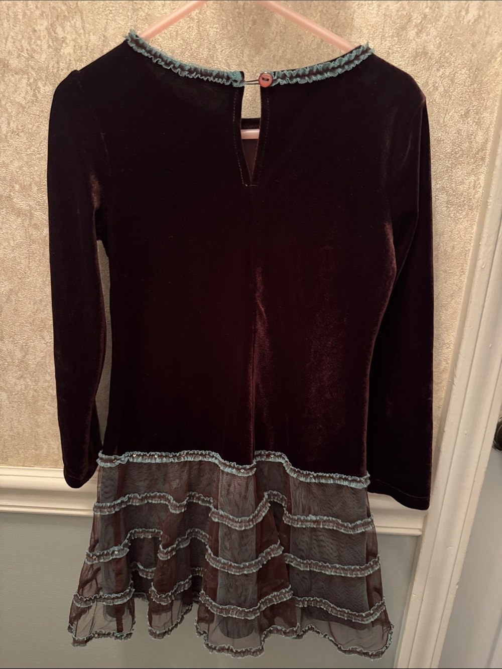 Girl size 5 Biscotti Brown Velvet Dress with Teal Trim EUC - Picture 6 of 7